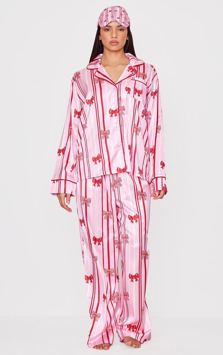 Pink Stripe Bow Print Satin Long Pj Set Product Image