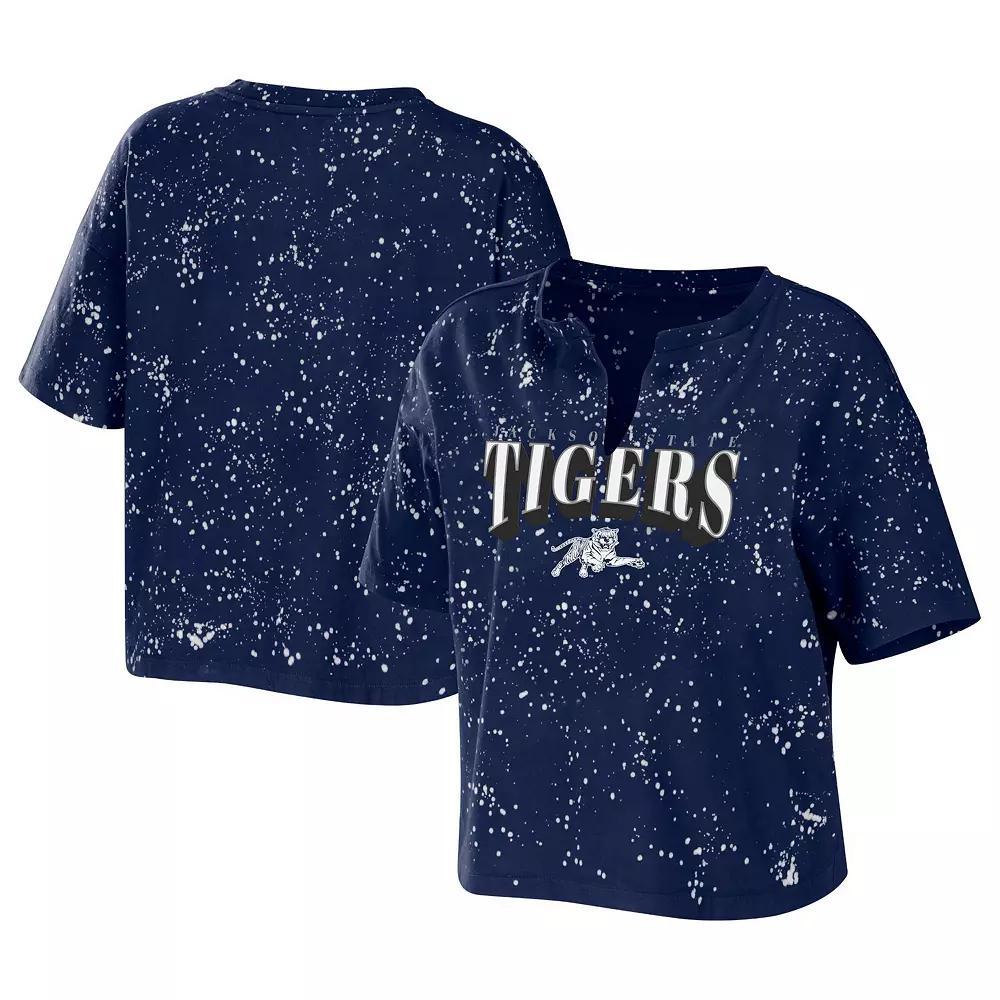 Women's WEAR by Erin Andrews Navy Jackson State Tigers Bleach Wash Splatter Cropped Notch Neck T-Shirt,  Product Image