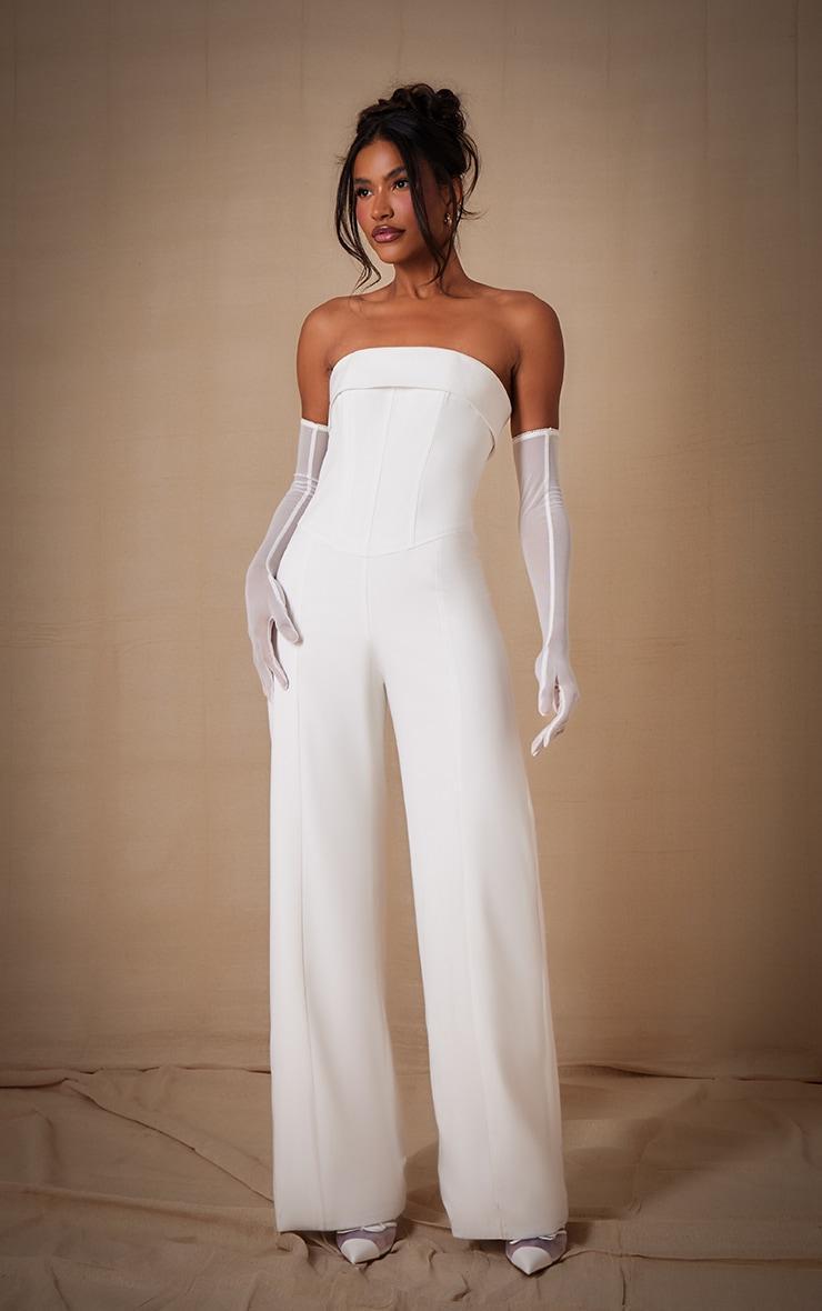 Premium White Woven Bandeau Wide Leg Jumpsuit Product Image