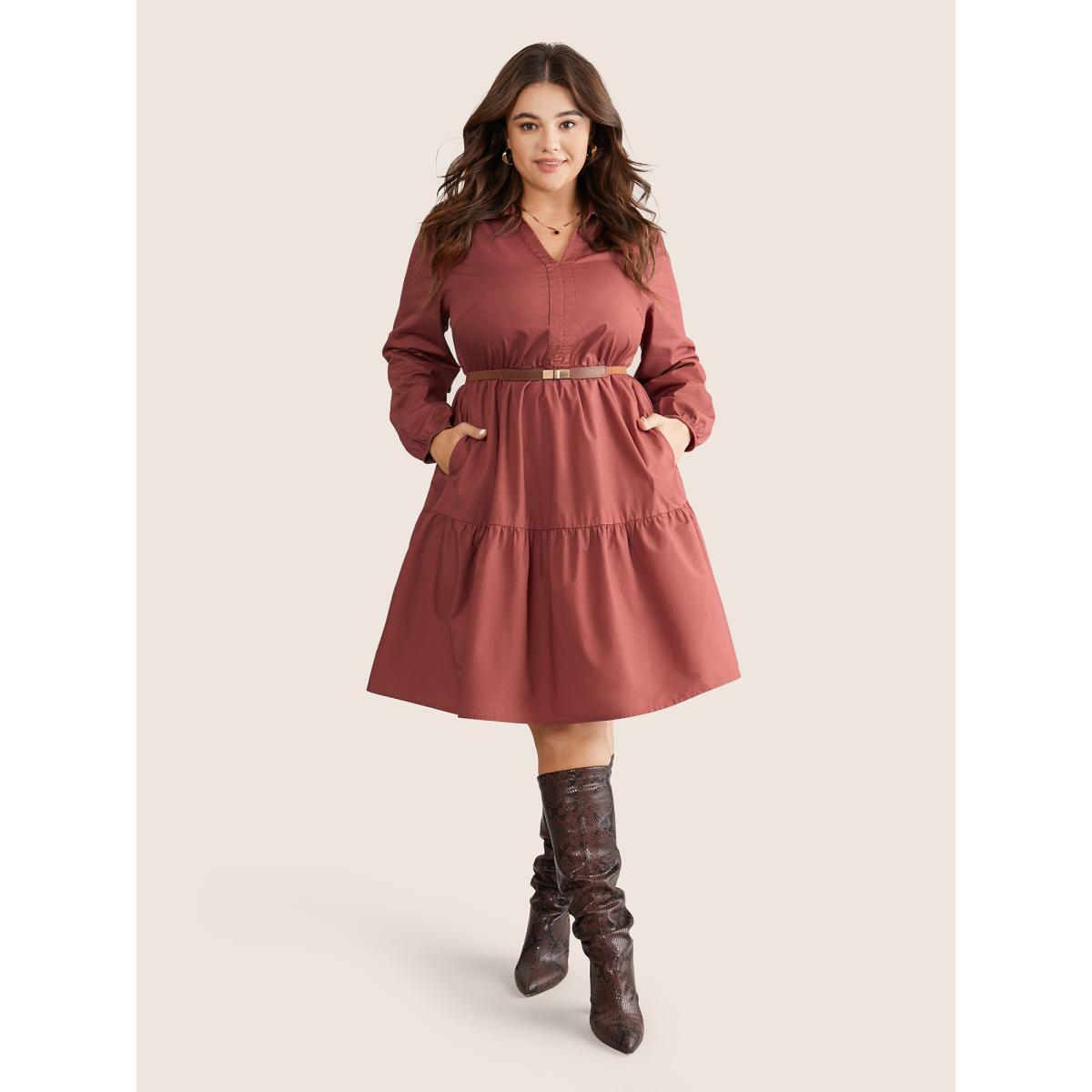 Plus Size Lapel Collar Gathered Pocket Lantern Sleeve Dress Russet Women Casual Gathered Lapel Collar Long Sleeve Curvy Knee Dress BloomChic 22-24/3X Product Image