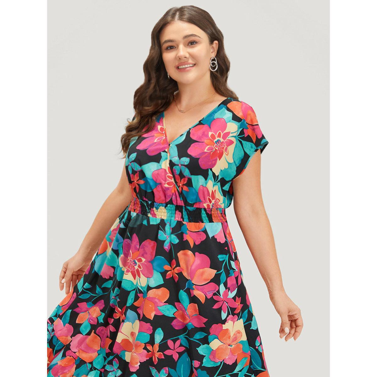 Plus Size Floral Shirred Overlap Collar Batwing Sleeve Dress Black Women Elegant Wrap V-neck Cap Sleeve Curvy Midi Dress BloomChic 14-16/1X Product Image
