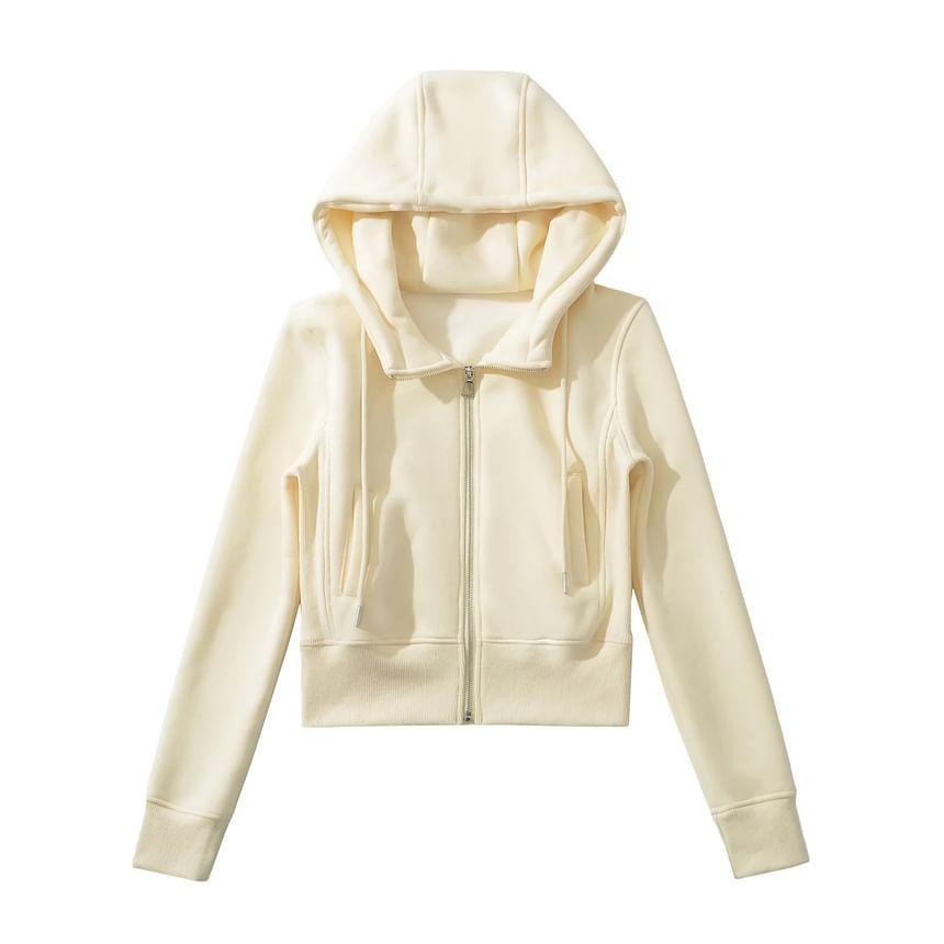 Drawstring Plain Crop Zip Hoodie Product Image