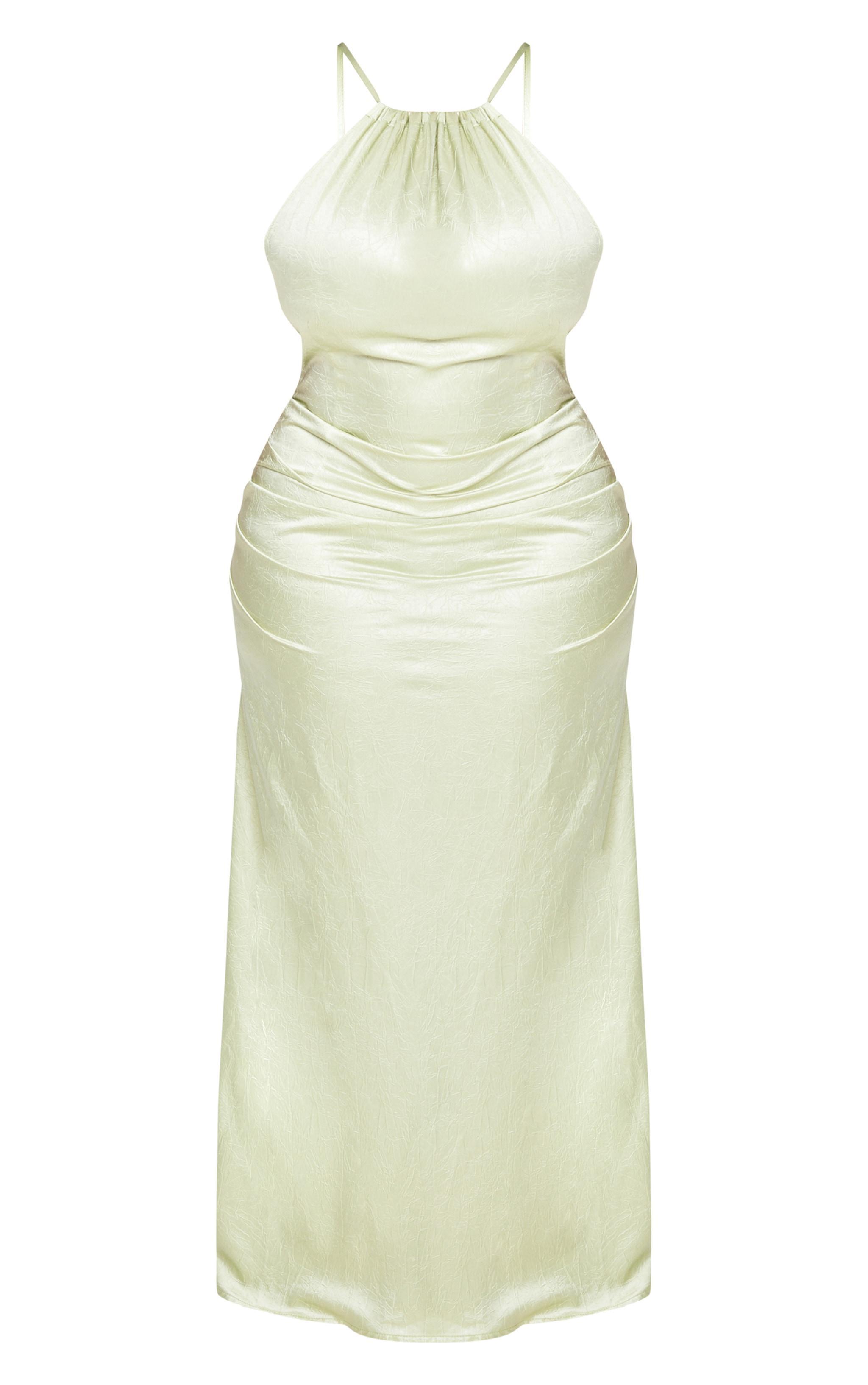 Plus Sage Satin Strappy Ruched Side Midi Dress Product Image