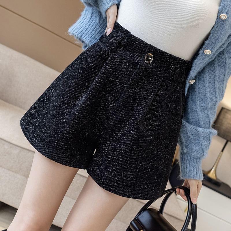 High Waist Plain Glitter Shorts Product Image