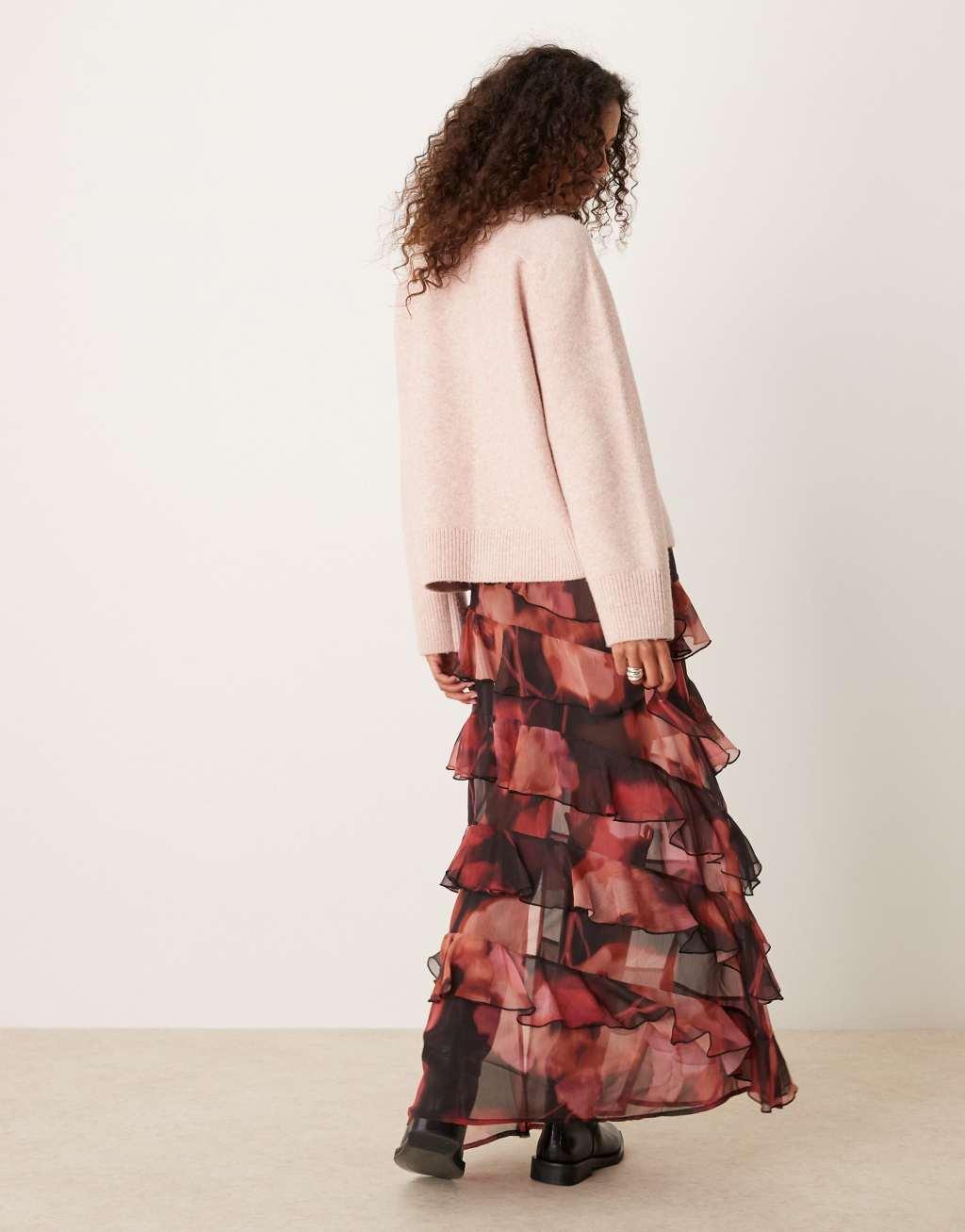 Miss Selfridge asymmetric ruffle maxi skirt in floral print Product Image