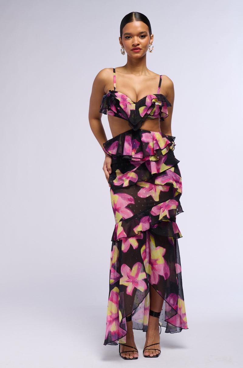 BRING MAY FLOWERS RUFFLED MIDI DRESS Product Image