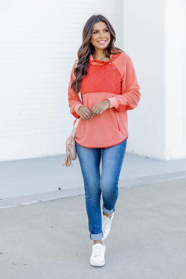 Hiding In Plain Sight Asymmetrical Orange And Coral Sherpa Pullover FINAL SALE Product Image