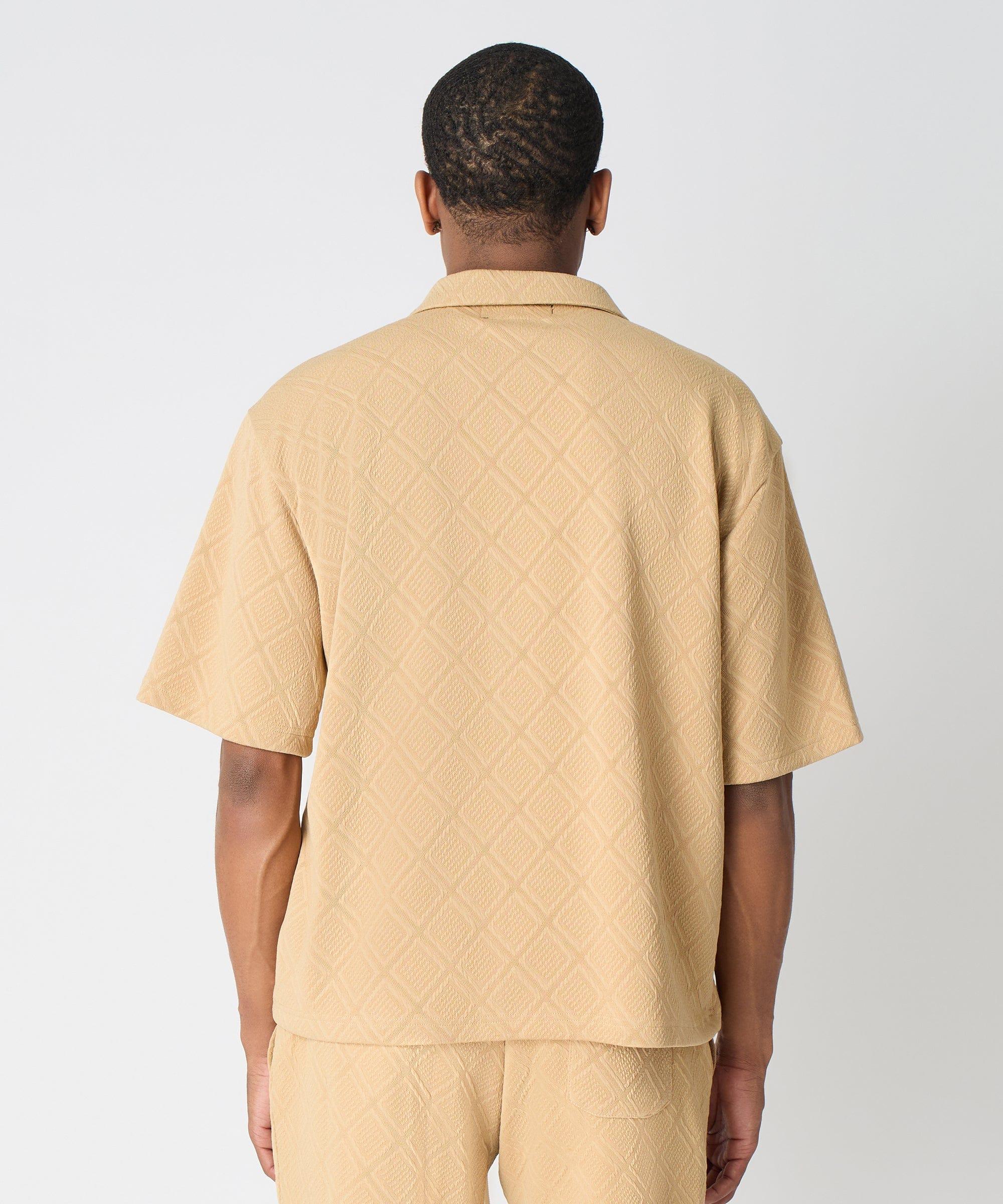 Textured Knit Short Sleeve Button Down Shirt - Taupe Product Image