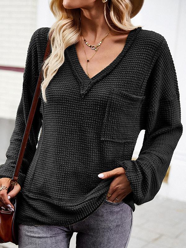 Long Sleeves Loose Elasticity Pockets Solid Color Split-Joint V-Neck T-Shirts Tops Product Image