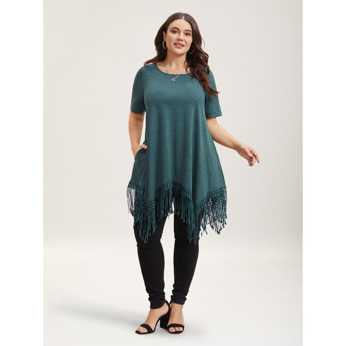Plus Size Hi-Low Tassel Hem Stretchy Plain T-Shirt DarkGreen Women Elegant Tassels Round Neck Loose Everyday T-shirts BloomChic 14-16/1X Product Image