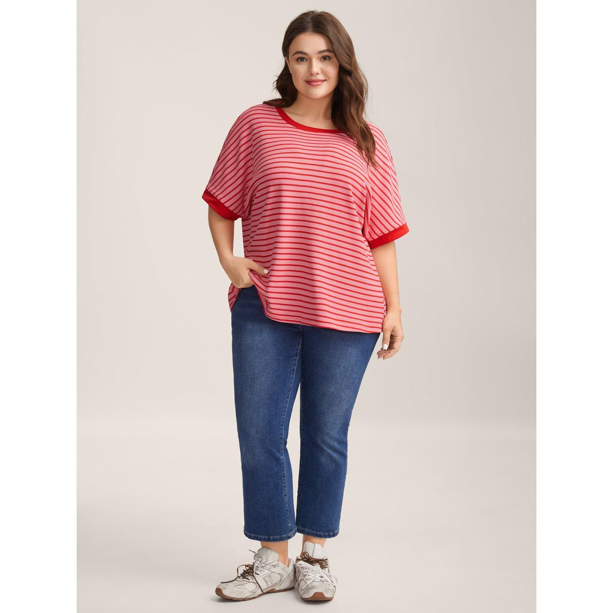 Plus Size Romantic Stripes Contrast T-Shirt Blush Women Playful Gathered Round Neck Loose Casual T-shirts BloomChic 10/M Product Image