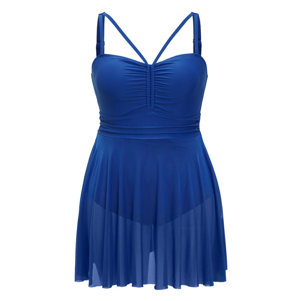 Plus Size Asymmetrical Neck Ruched Flutter Mesh Hem Swim Dress Women's Swimwear Blue Vacation Bodycon High stretch Curve Swim Dresses BloomChic 22-24/3X Product Image