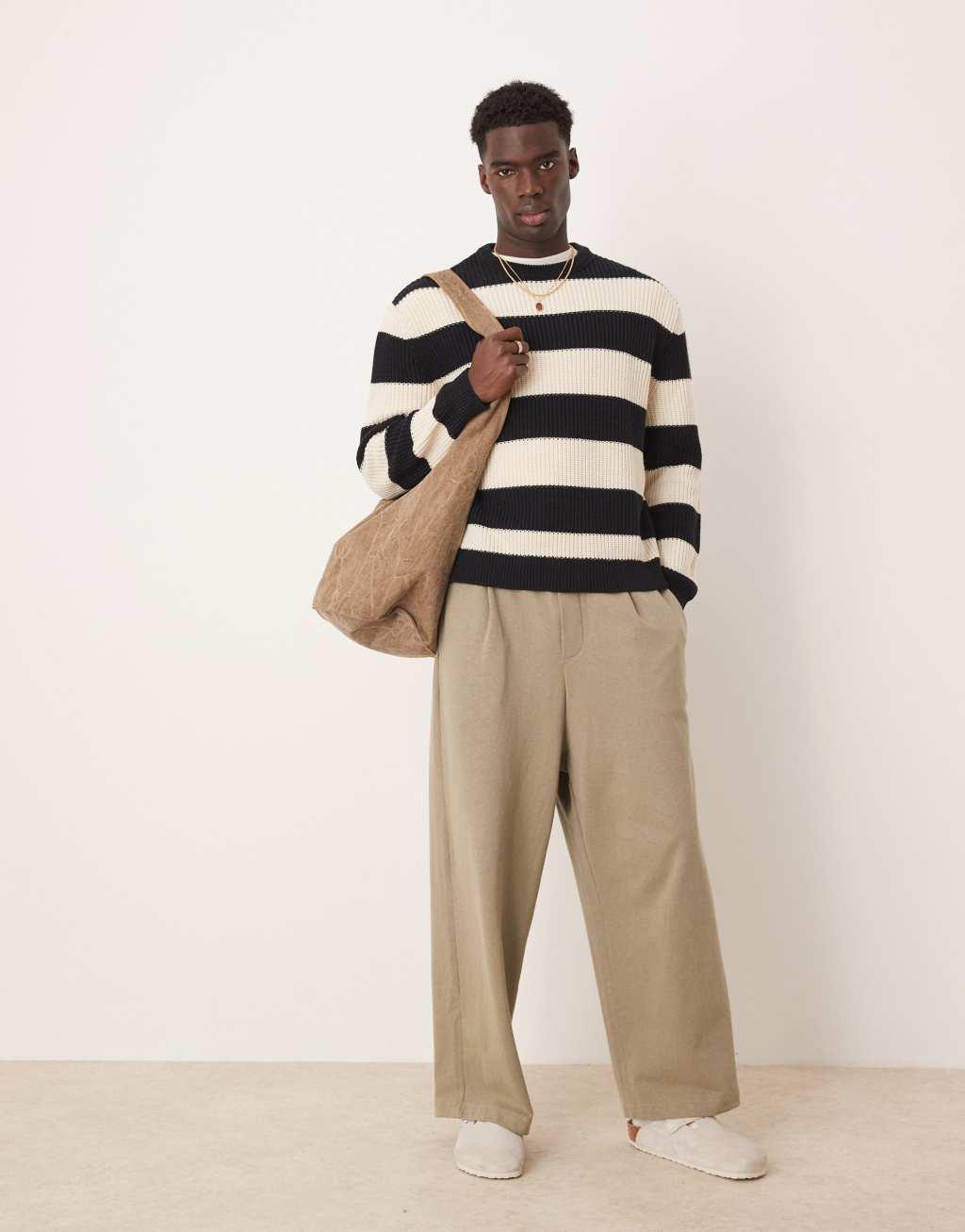 ASOS DESIGN oversized boxy fit rib knit fisherman sweater with stripes in navy Product Image