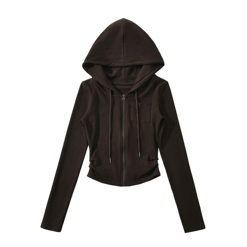 Plain Ruched Zip-Up Crop Hoodie Product Image