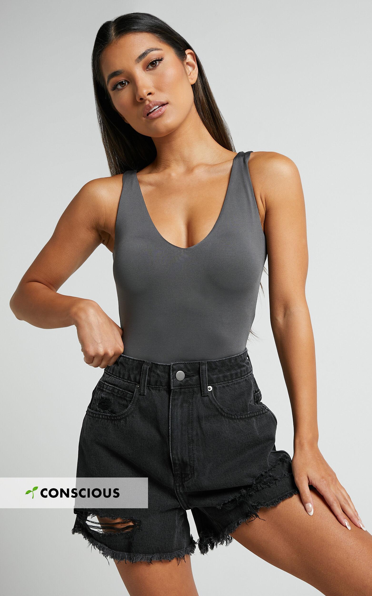 Mindae Shorts - Recycled Cotton Ripped Denim Shorts in Washed Black Product Image