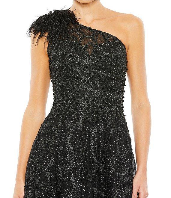 Mac Duggal Embellished Asymmetrical Neck Sleeveless Feather Shoulder A-Line Gown Product Image