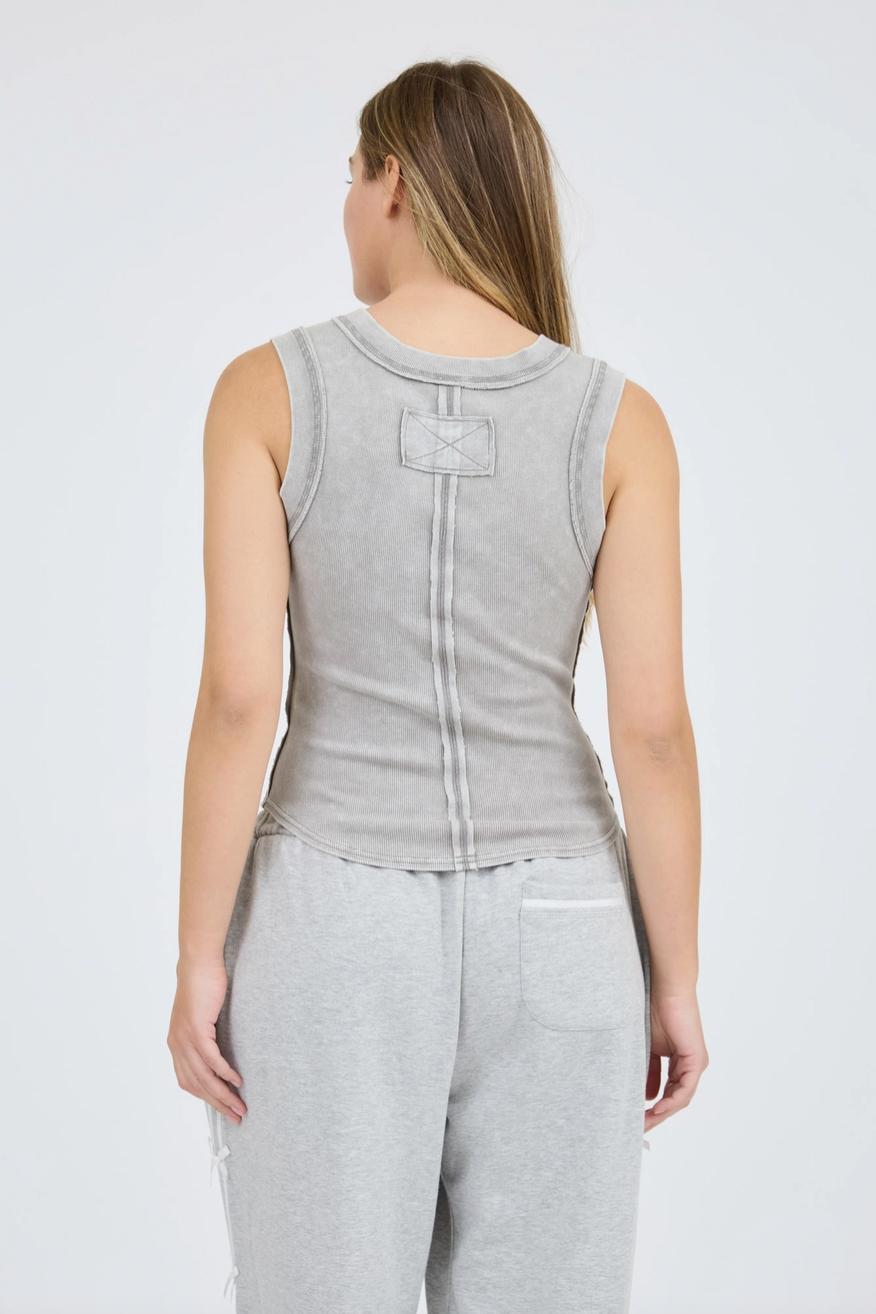 Washed Sleeveless Henley Knit Tank Top Product Image