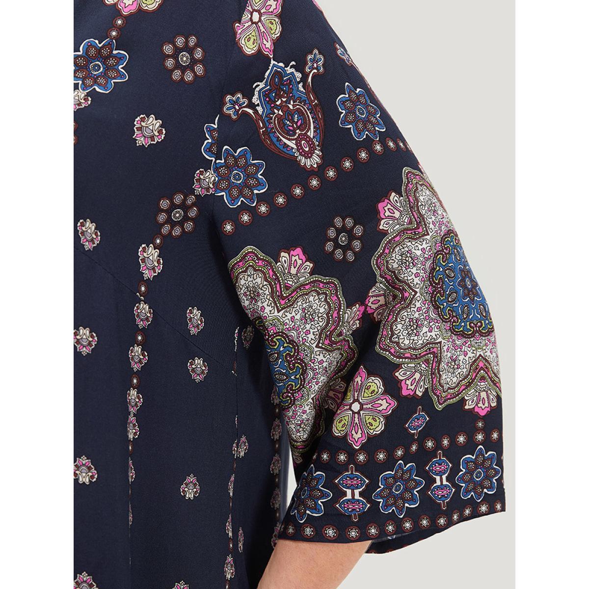 Plus Size Bandana Print Ties Pocket Tassels Detail Dress Scarlet Women Vacation Tassels V-neck Elbow-length sleeve Curvy Midi Dress BloomChic 28/5X Product Image