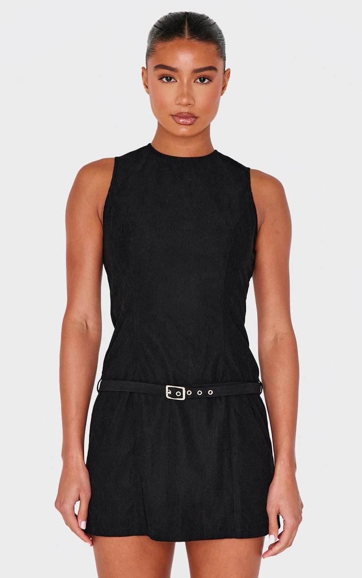 Black Corduroy Belted Shift Dress Product Image