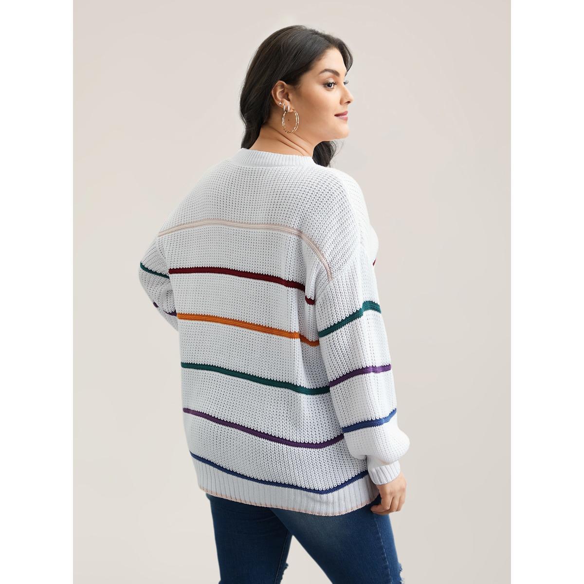 Plus Size Multi-Color Textured Balloon Sleeve Pullover Ivory Women Casual Loose Long Sleeve Round Neck Everyday Pullovers BloomChic 30/6X Product Image