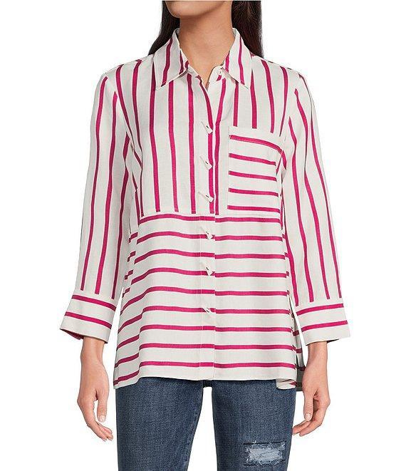 Ali Miles Stripe Point Collar 3/4 Sleeve Button Front Tunic Product Image