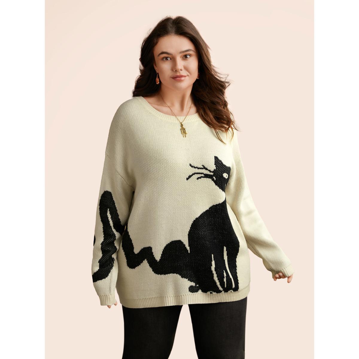 Plus Size Mystic Cat Knit Crew Neck Pullover Originalwhite Women Playful Long Sleeve Round Neck Casual Pullovers BloomChic 12/L Product Image