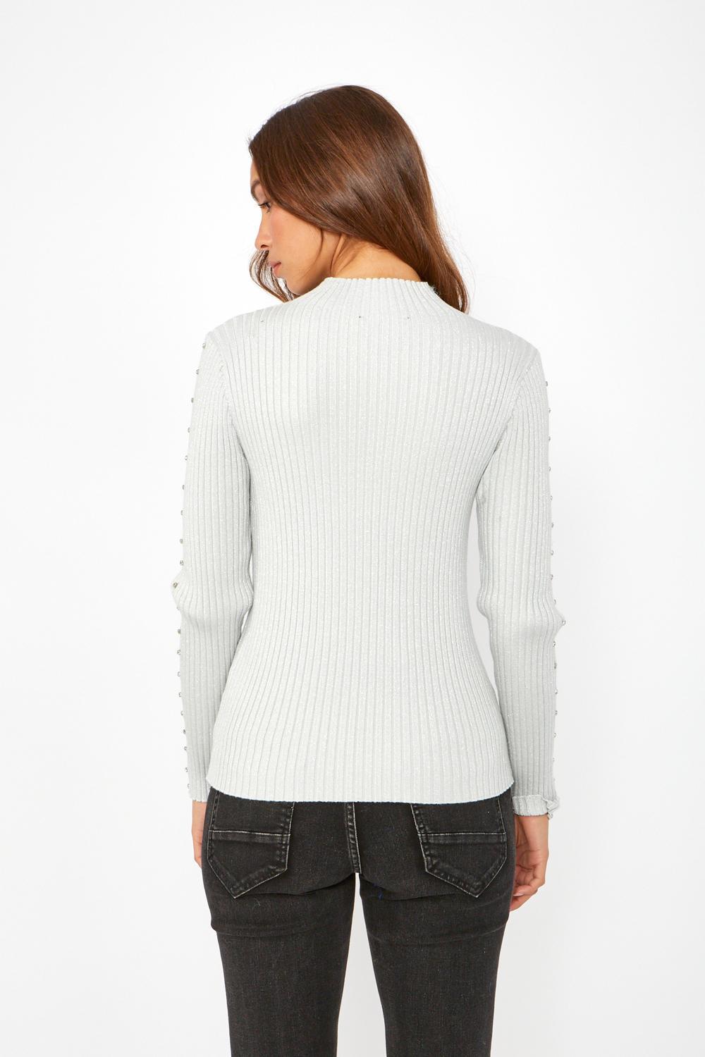 Grey Shimmer Knit Turtleneck with Crystal Embellishment down sleeve Product Image