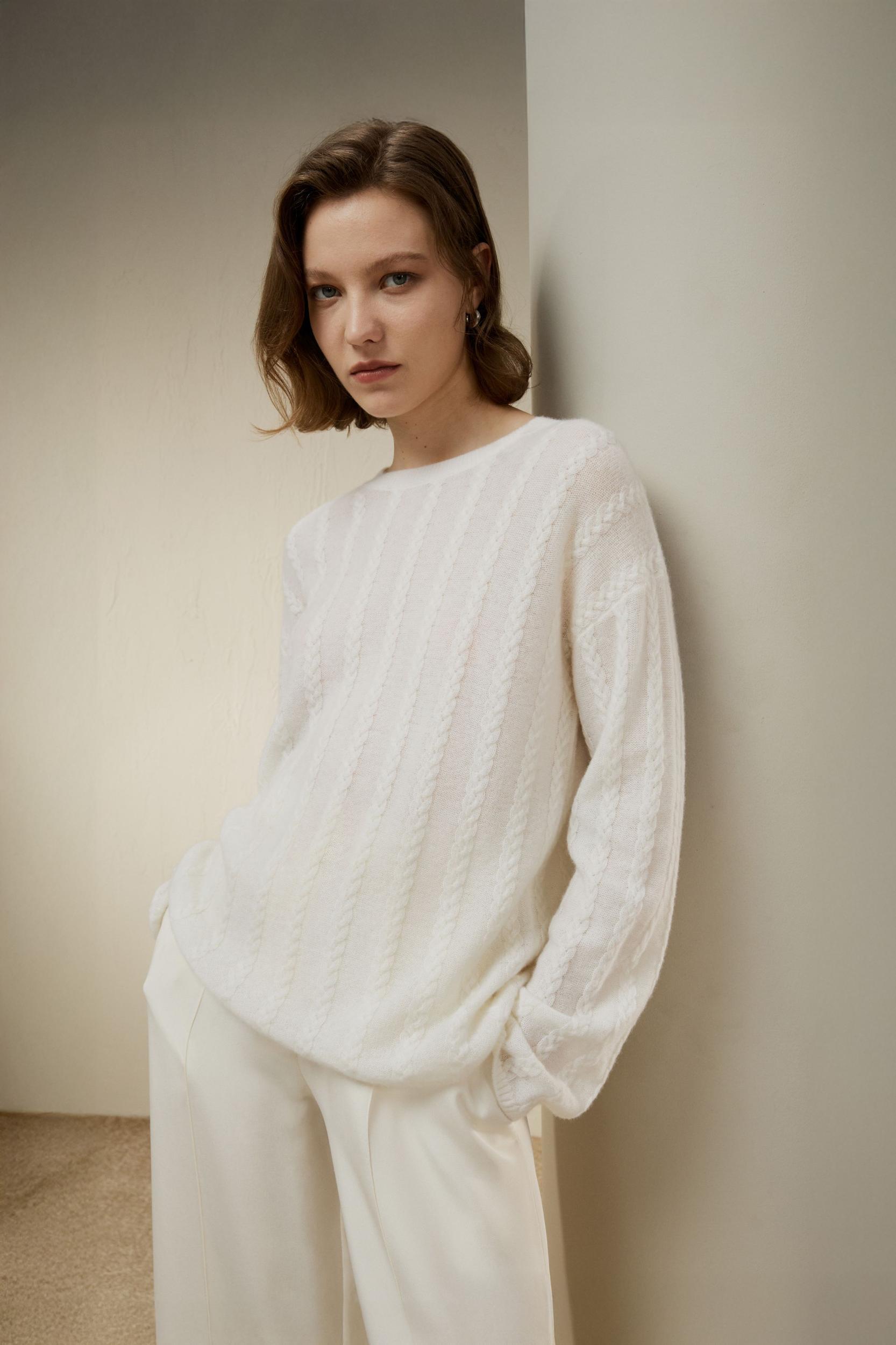 LILYSILK Pure Cashmere Sweaters - for Women - White Premium Cashmere - Simple Yet Classic Cable-Knit Sweater XL Product Image