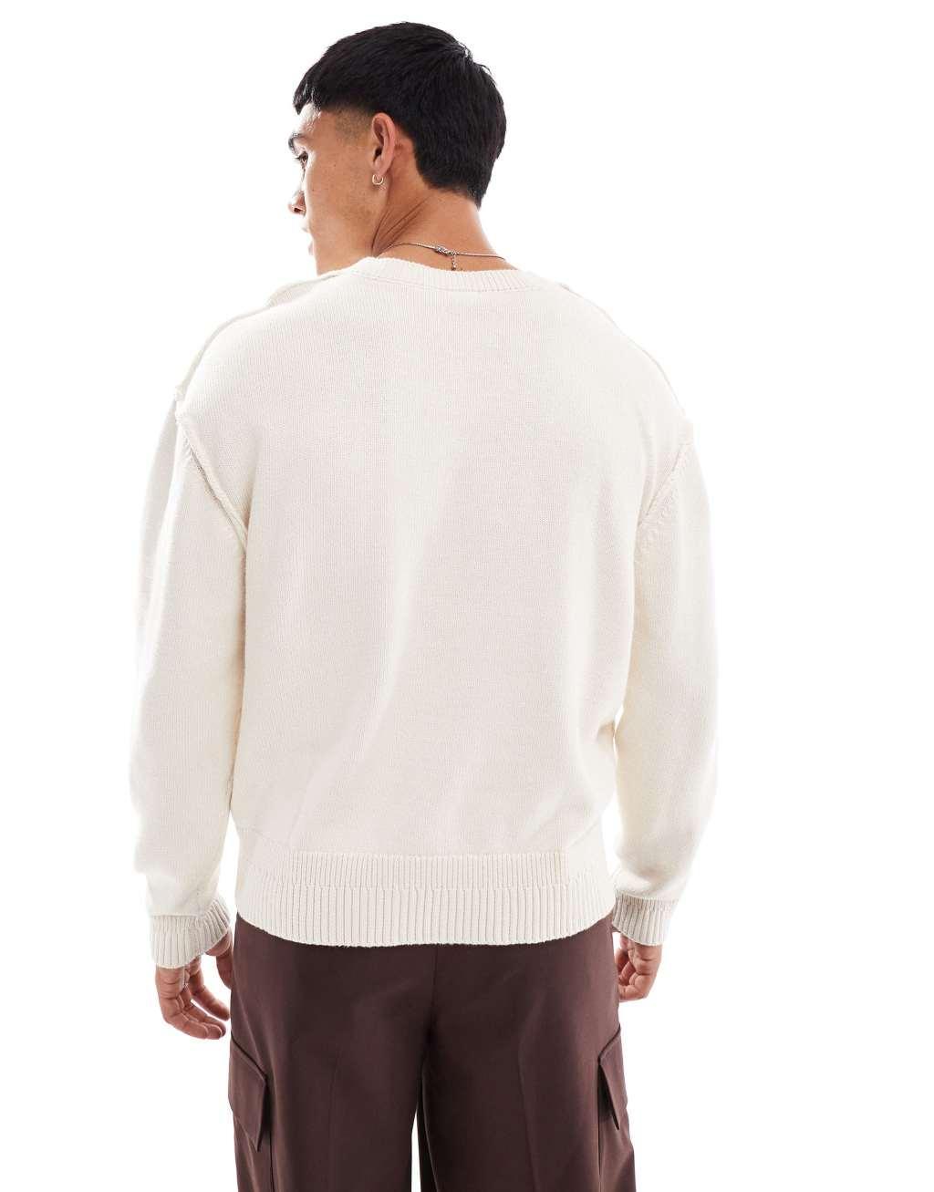 Pull&Bear raw seam knit sweater in ecru Product Image