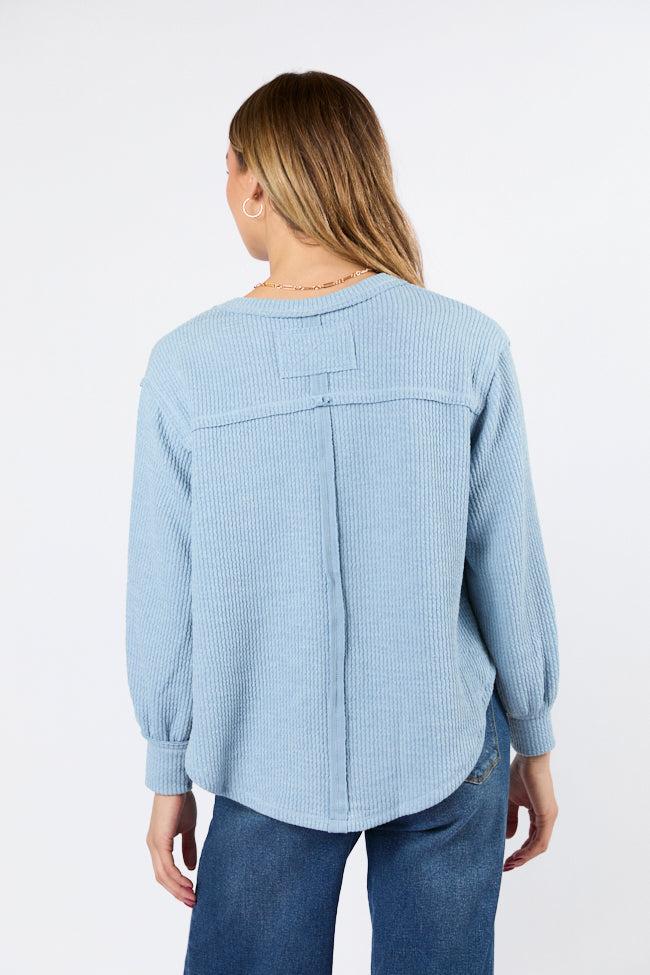 Never Say Never Dusty Blue Ribbed Knit V-Neck Long Sleeve Top FINAL SALE Product Image