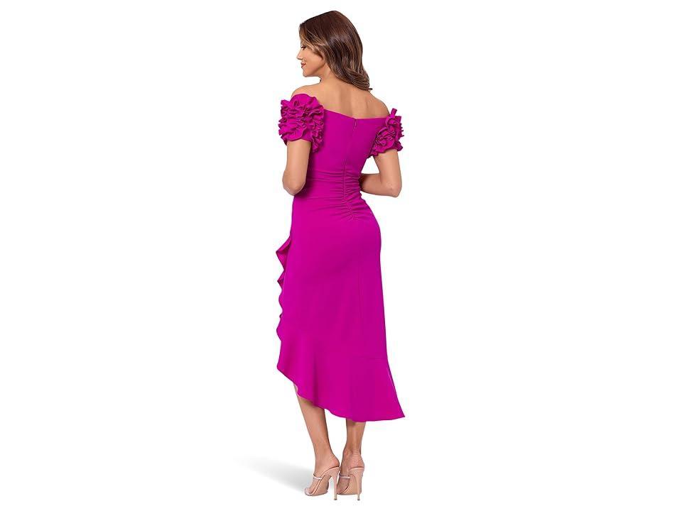 Xscape 3D Ruffle Off-the-Shoulder Ruffle Front Ruched Detail Midi Dress Product Image