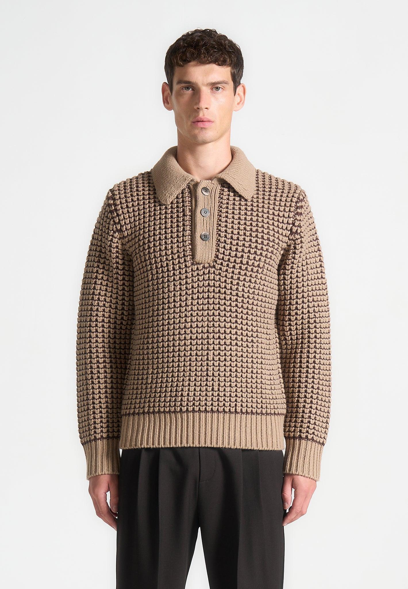Textured Wool Knit Polo Jumper - Taupe Male Product Image