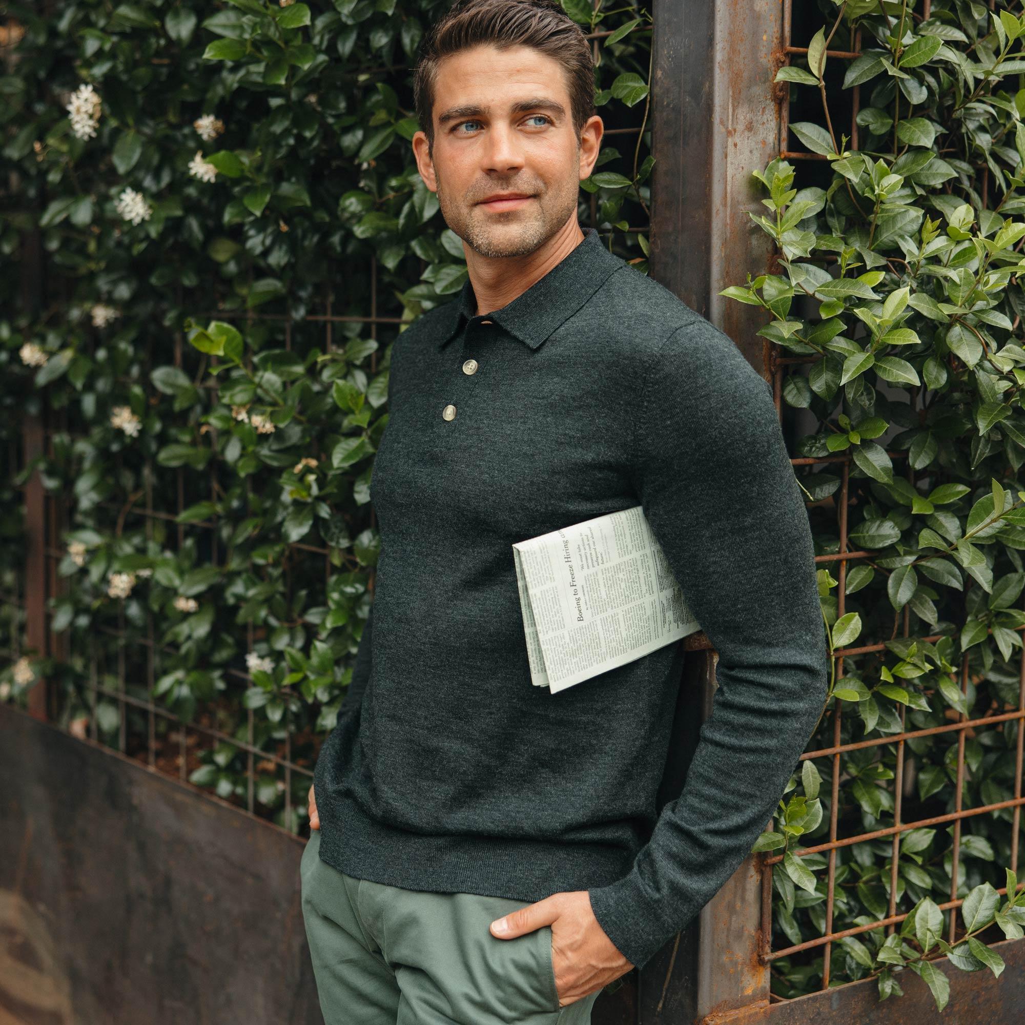 Merino Wool Long Sleeve Polo | Dark Charcoal Heather Product Image