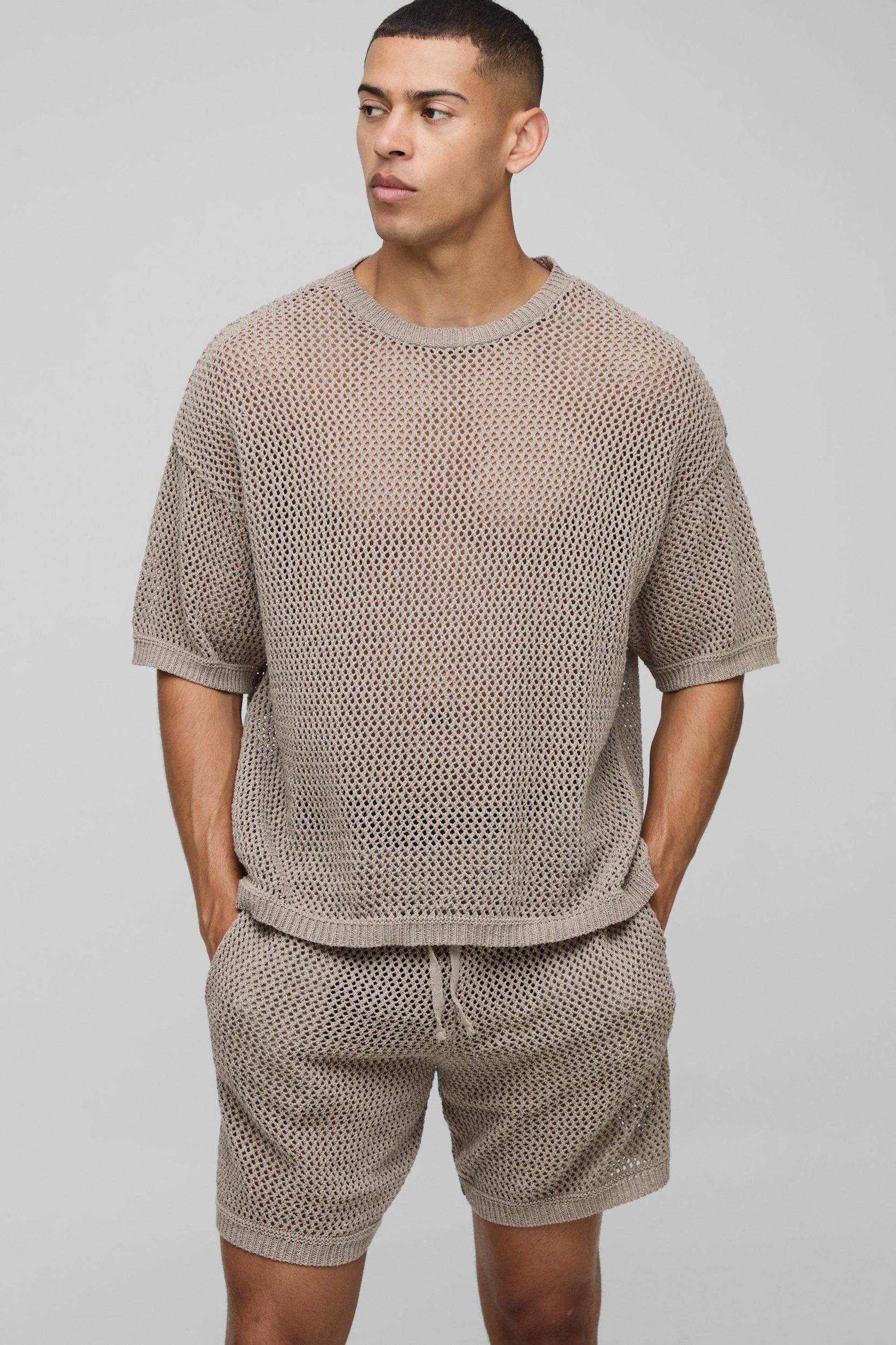Boxy Fit Open Stitch Knitted Shorts Set | boohooMAN USA Product Image