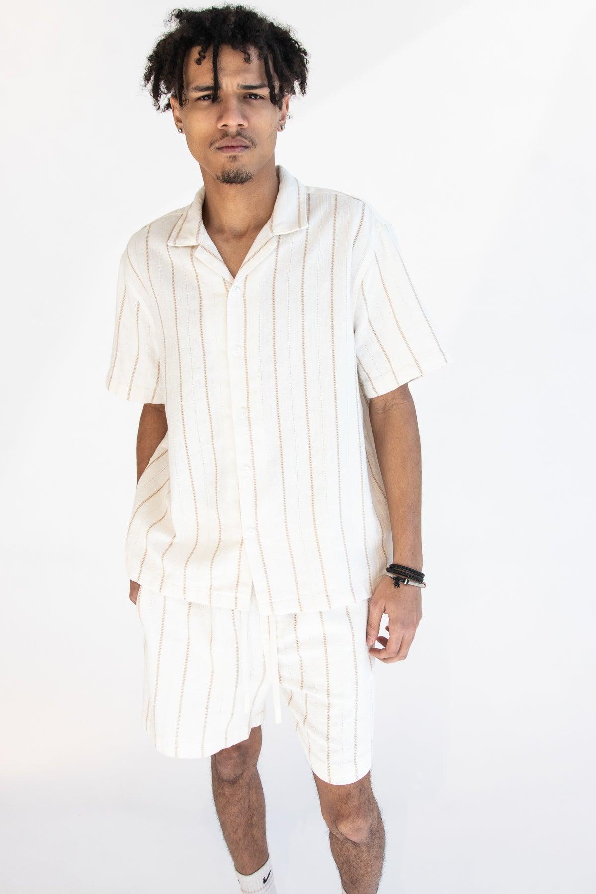 Khaki & White Striped Textured Shorts Product Image