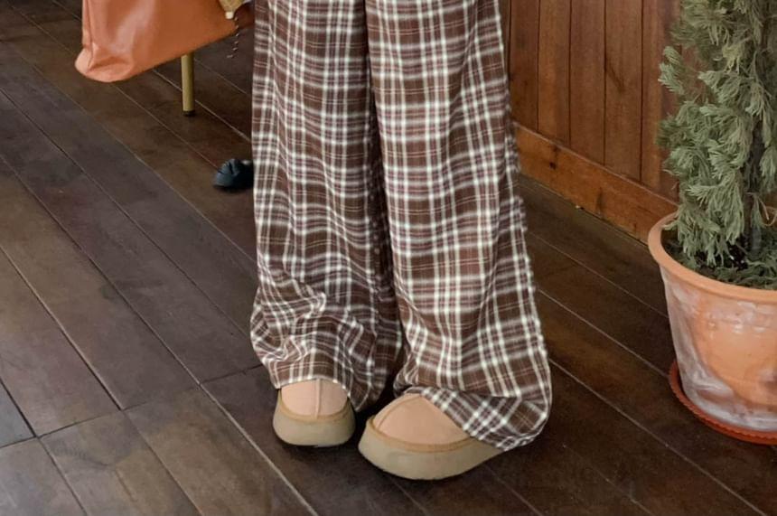 Mid Waist Plaid Button Fly Wide Leg Pants Product Image