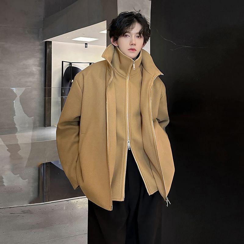 Long Sleeve Stand Collar Zip Up Wool Coat Product Image