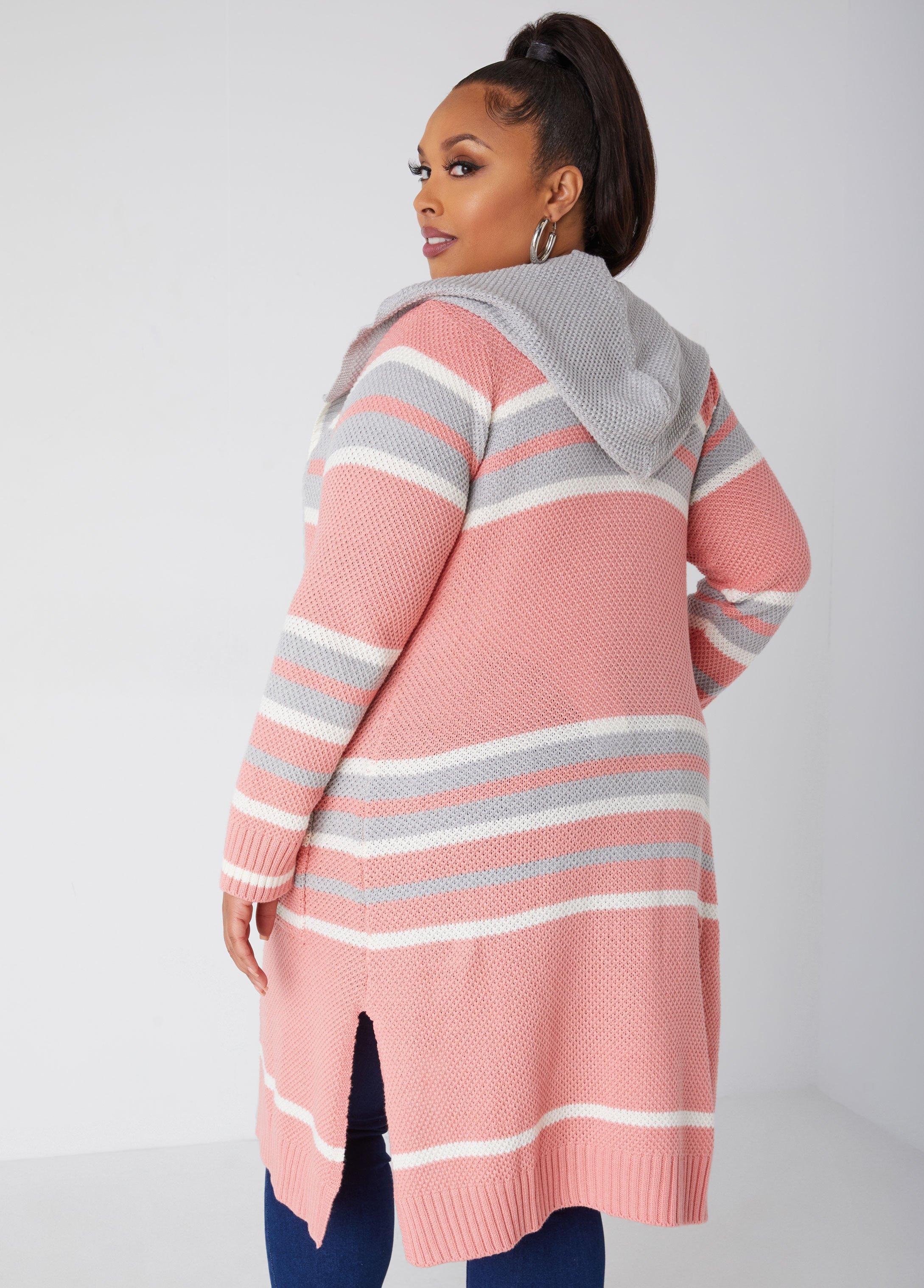 Striped Hooded Open Front Cardigan Product Image