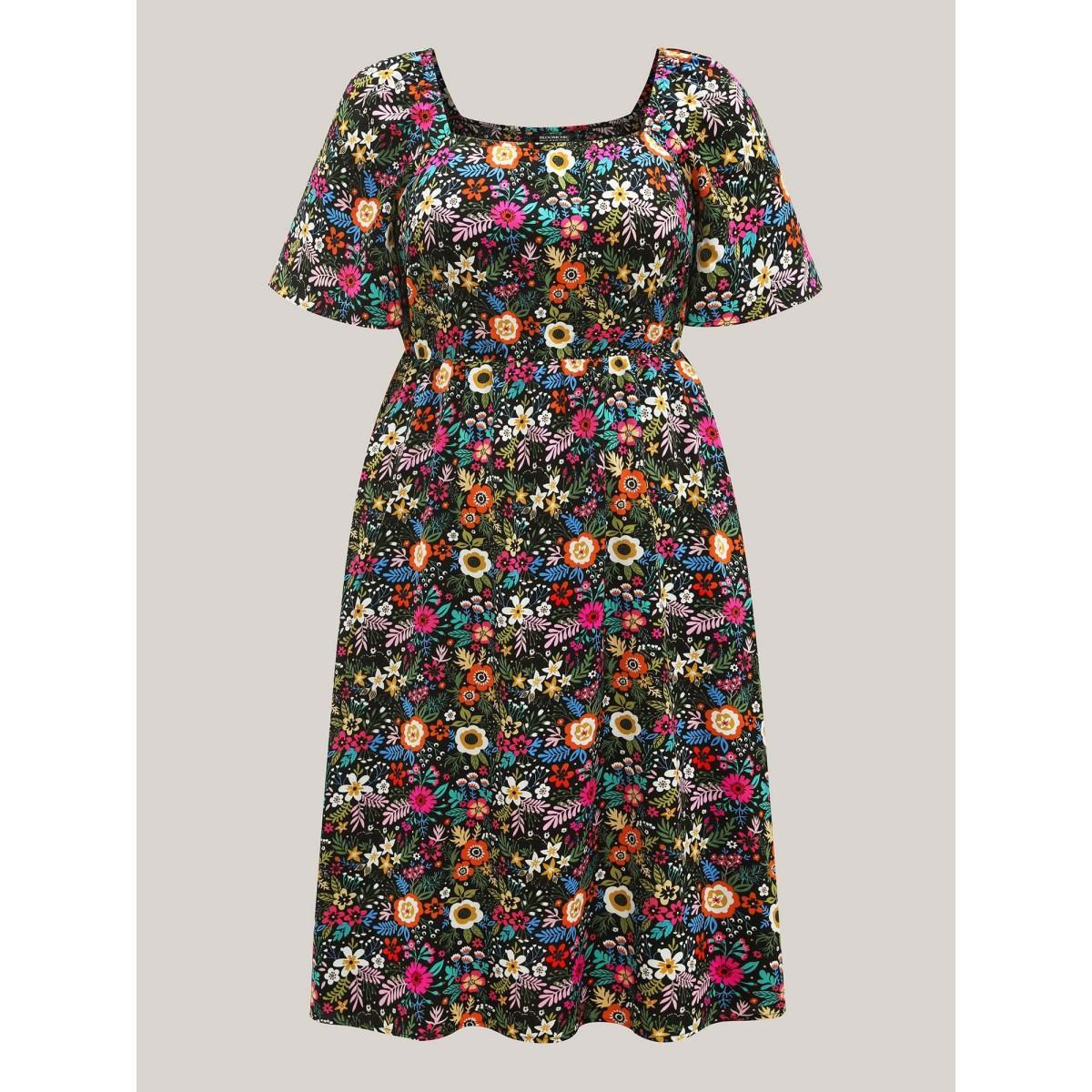 Plus Size Bold Floral Print Pockets Midi Dress Black Women Timeless Square Neck Short sleeve Curvy BloomChic 14-16/1X Product Image