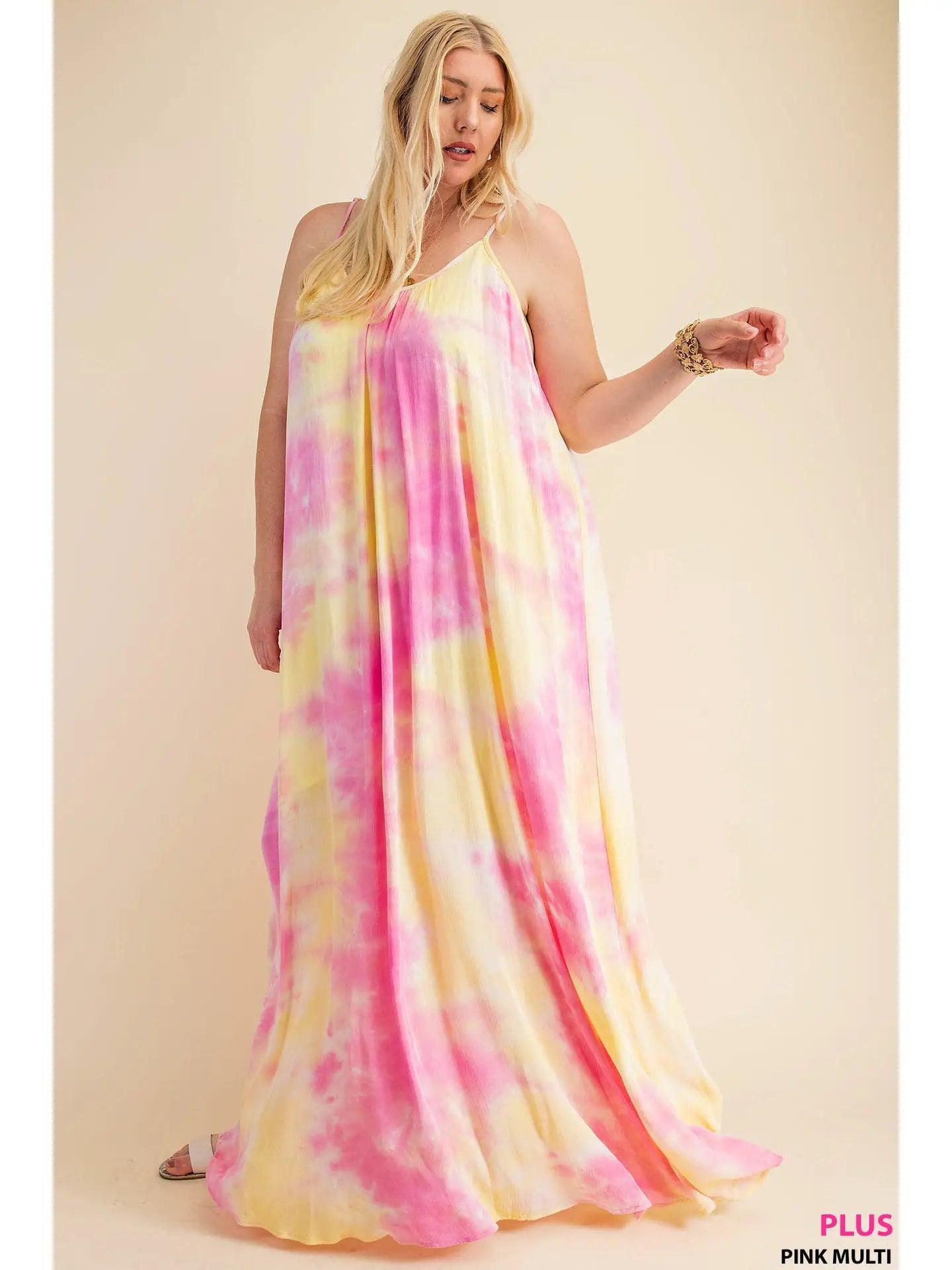 Pink and Yellow Soft Tie-Dye Fabrication Strappy Maxi Dress Female Product Image