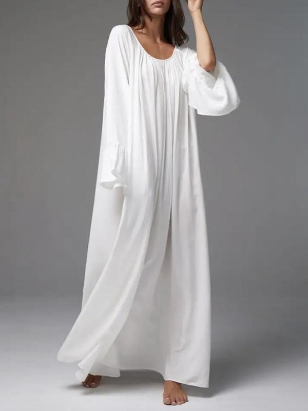 Flared Sleeves Loose Pleated Solid Color Split-Joint Round-Neck Maxi Dresses Product Image