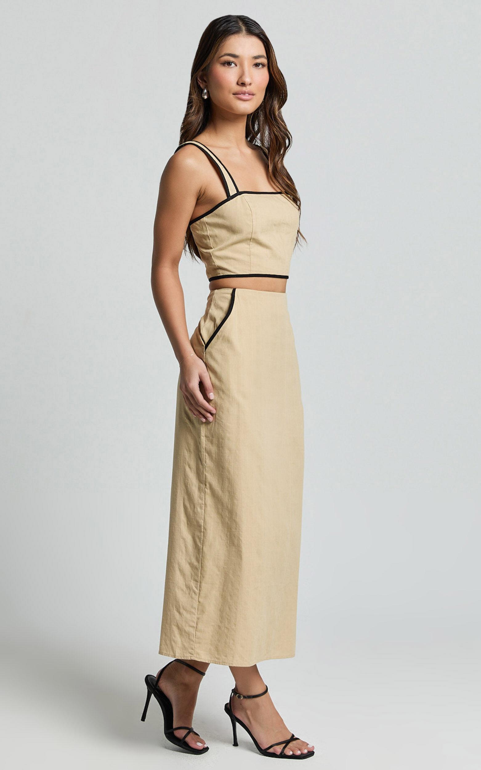 Rita Two Piece Set - Linen Look Contrast Crop Top and Pencil Midi Skirt Set in Sand/Black Product Image