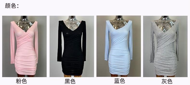 Long-Sleeve V-Neck Plain Ruched Mini Bodycon Dress Product Image