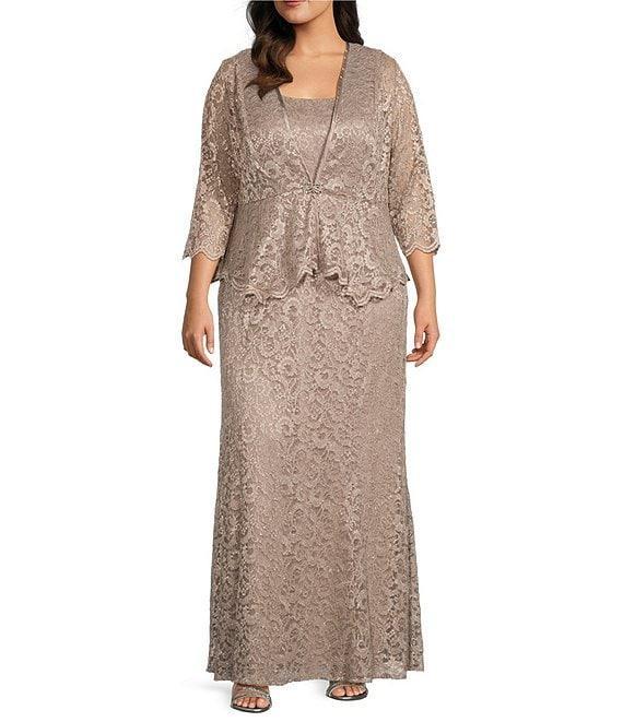 R & M Richards Plus Size Stretch Lace Charmeuse Round Neck 3/4 Sleeves Glitter 2-Piece Jacket Dress Product Image