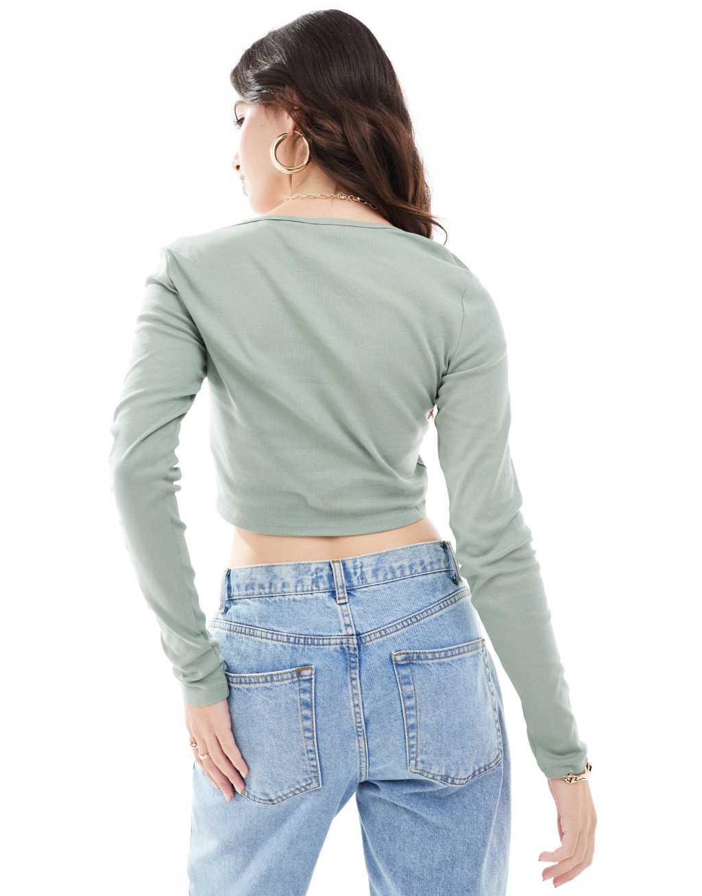 ONLY long sleeve button through top in sage Product Image