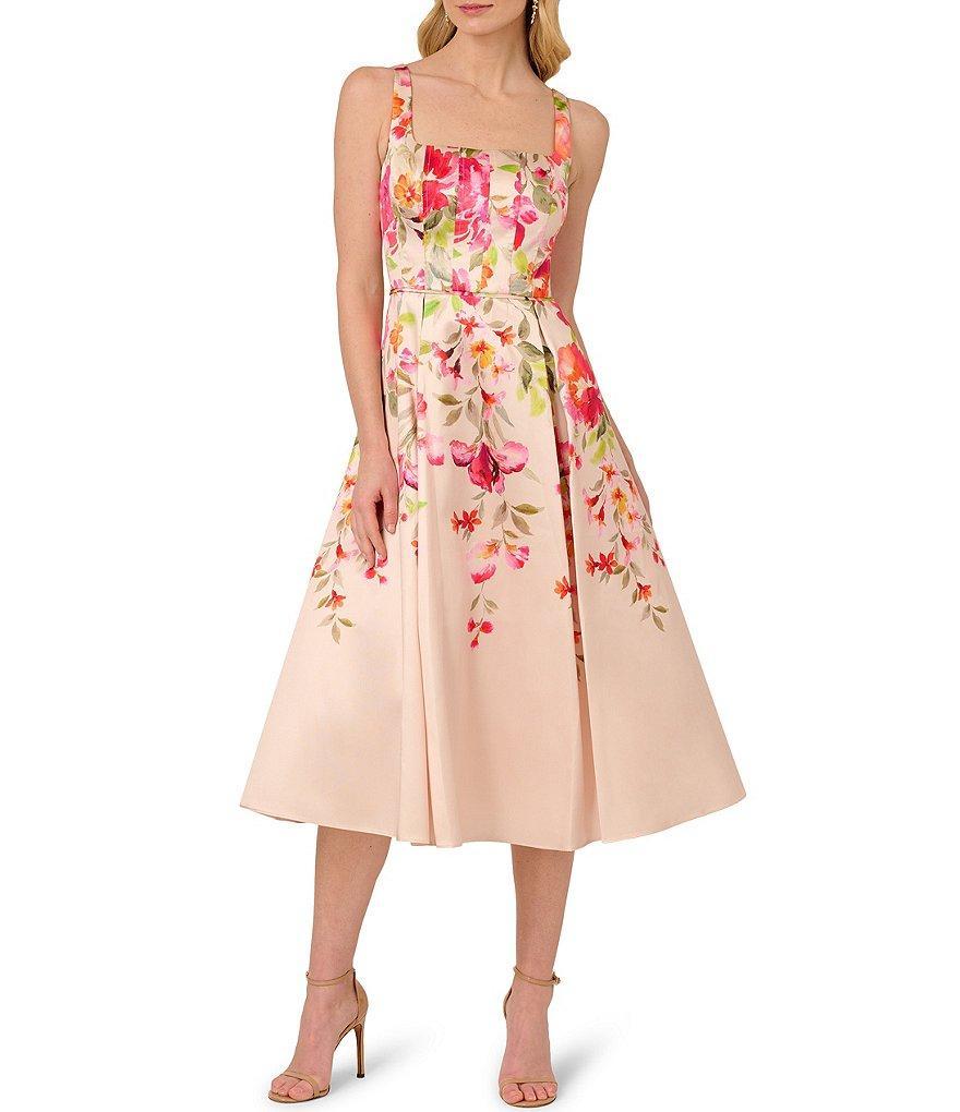 Adrianna Papell Square Neck Sleeveless Floral Print Mikado Midi Dress Product Image