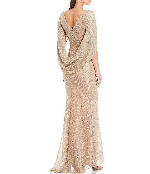 Betsy & Adam Petite Size Draped Back 3/4 Cape Sleeve Round Neck Metallic Crinkled Ruched Sheath Gown Product Image