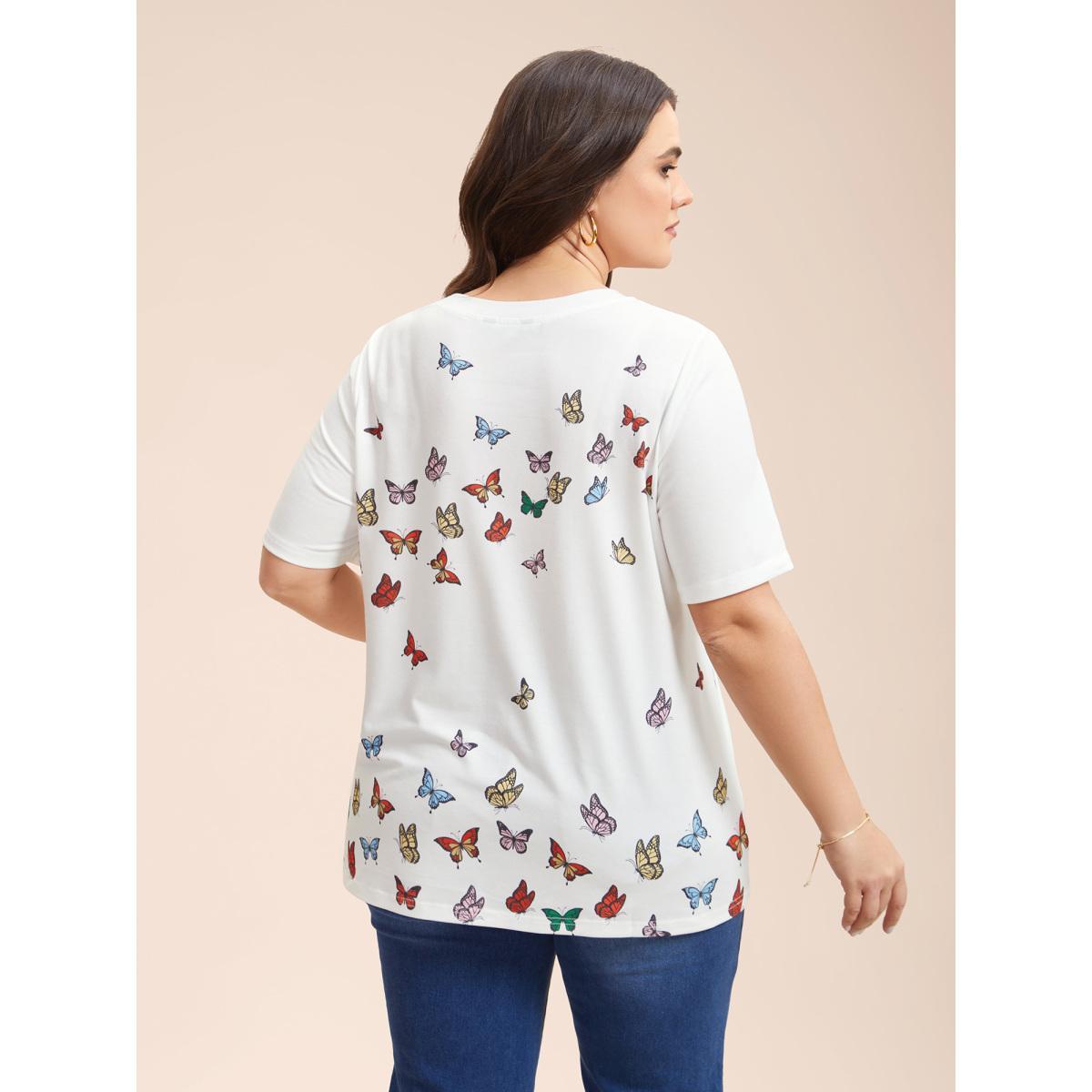 Plus Size Butterfly Print Stretchy T-Shirt Opticwhite Women Casual Non Butterfly Round Neck Everyday T-shirts BloomChic 22-24/3X Product Image