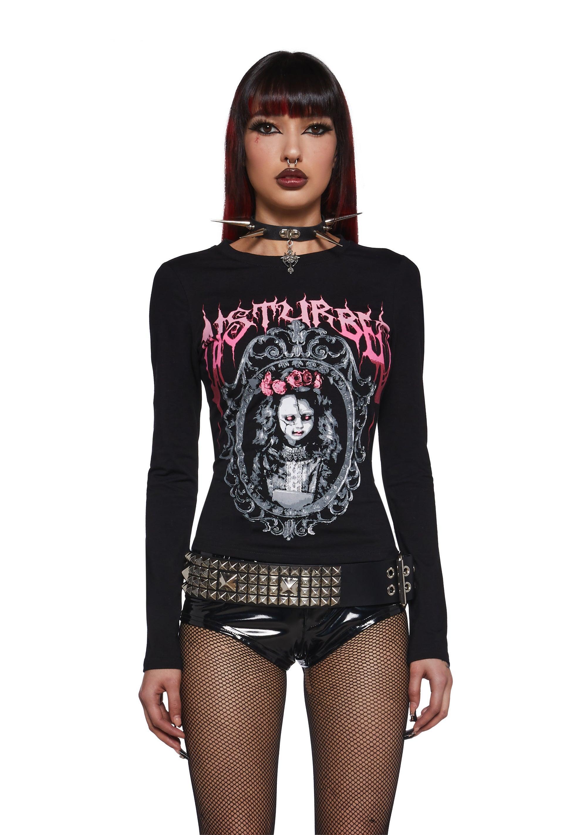 Stretchy Knit Metal Goth Disturbed Graphic Long Sleeve Tee Widow - Black Product Image