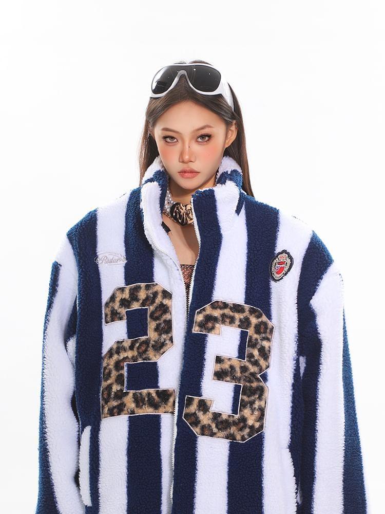 Stand Collar Numbering Applique Striped Fleece Zip Jacket Product Image